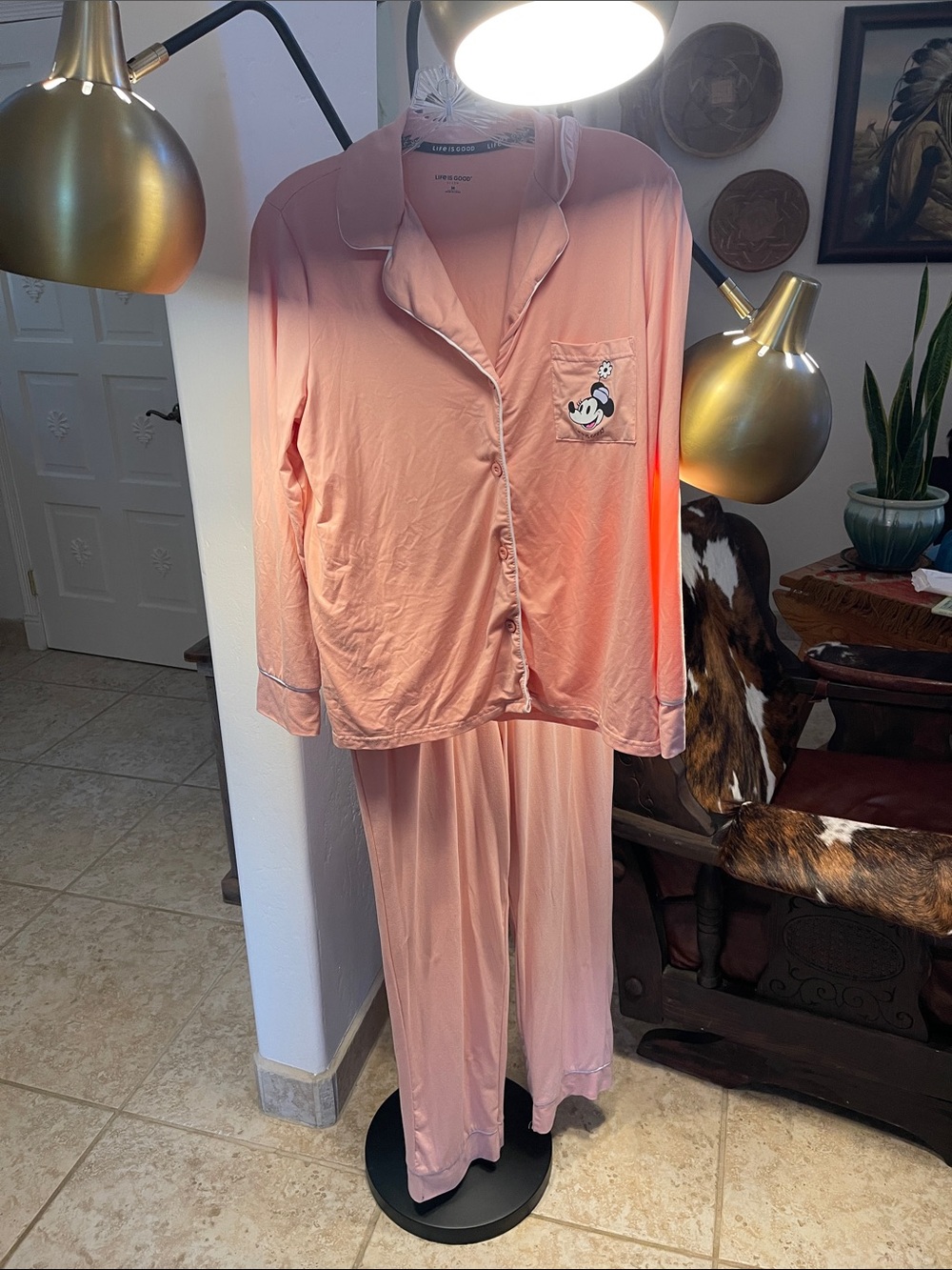 Life Is Good Disney Pink Women's Mickey Mouse Pajama Set - Long Sleeve Button-Up